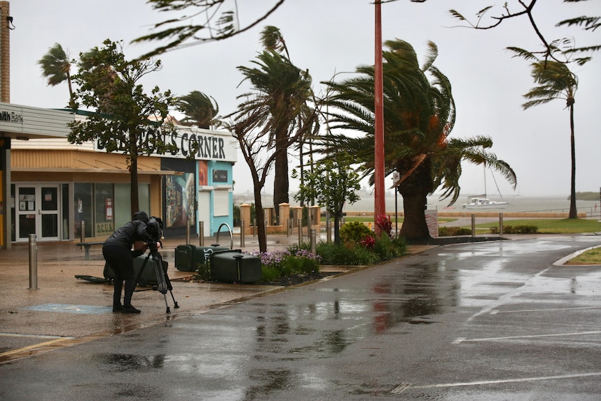 The main street of Carnarvon with bins blown over, palm trees swaying, the fascine choppy and a cameraman filming