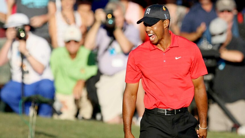 Tiger Woods wears a 'Leuk the Duck' pin at the Arnold Palmer Invitational at Bay Hill in 2012.