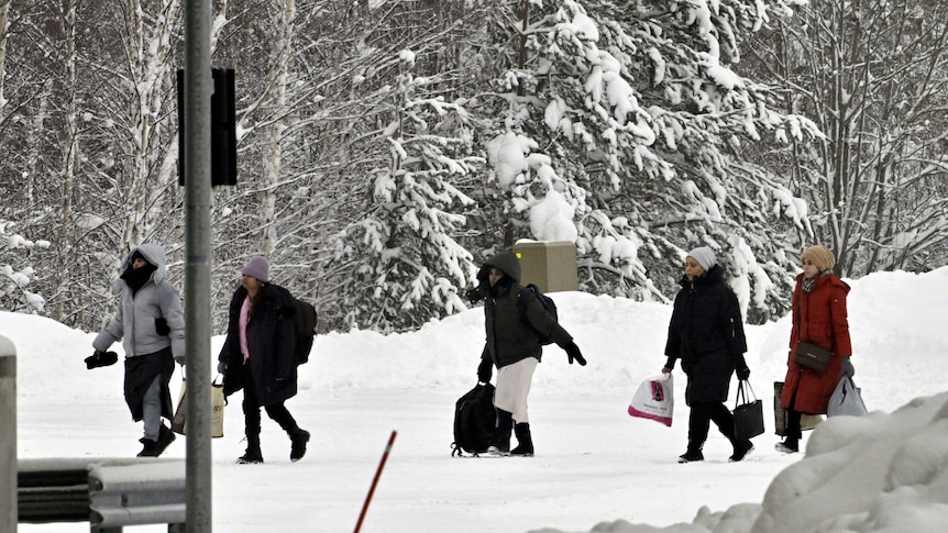 Five people carrying bags and wearing winter clothes walk down a snowy road with forest in the background