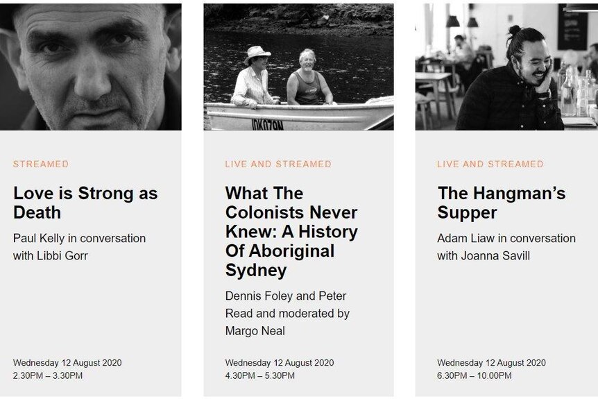 Photos of Paul Kelly, Dennis Foley, Peter Read, Adam Liaw and others in black and white alongside their book titles.