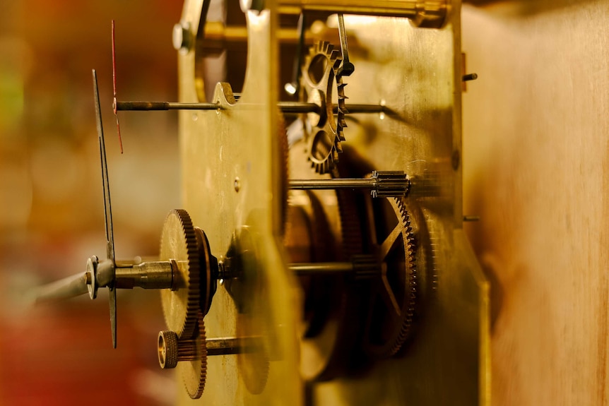 A mechanical clock without its case reveals the tiny whirring cogs beneath.