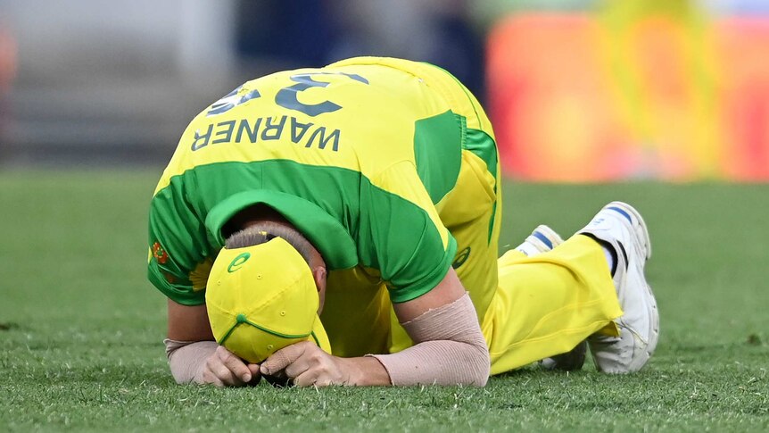 An Australian cricketer kneels with his head on the grass after injuring himself while fielding.