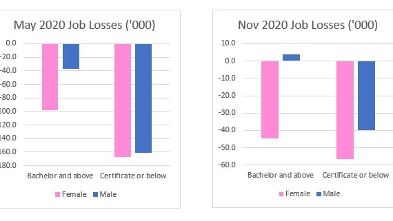 A graph shows job losses in May and November among people with bachelor's degrees and certificate or bellow education.