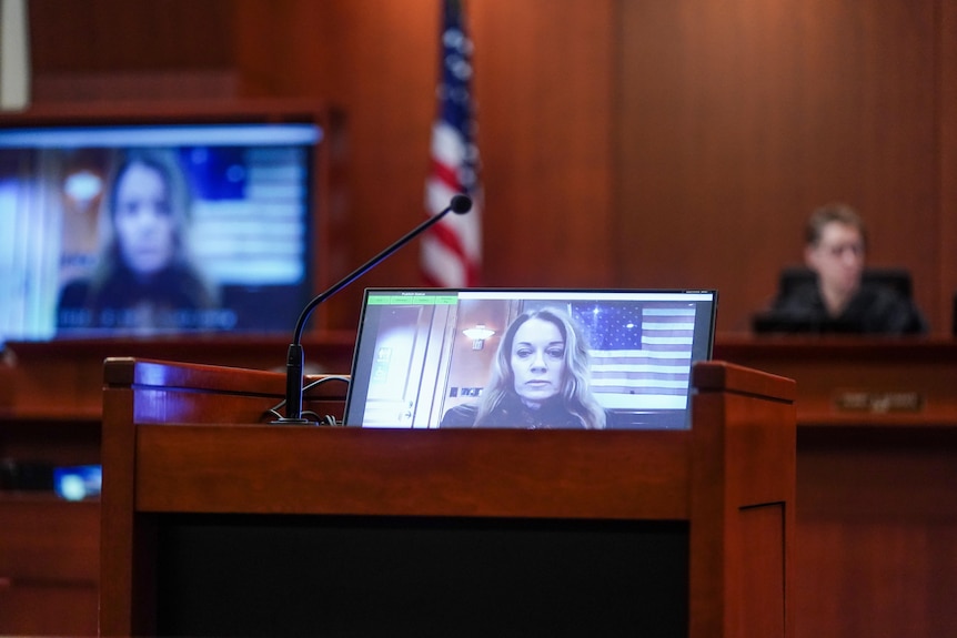A woman appears in court via vieo link, she is seen on the screen of a computer and a television