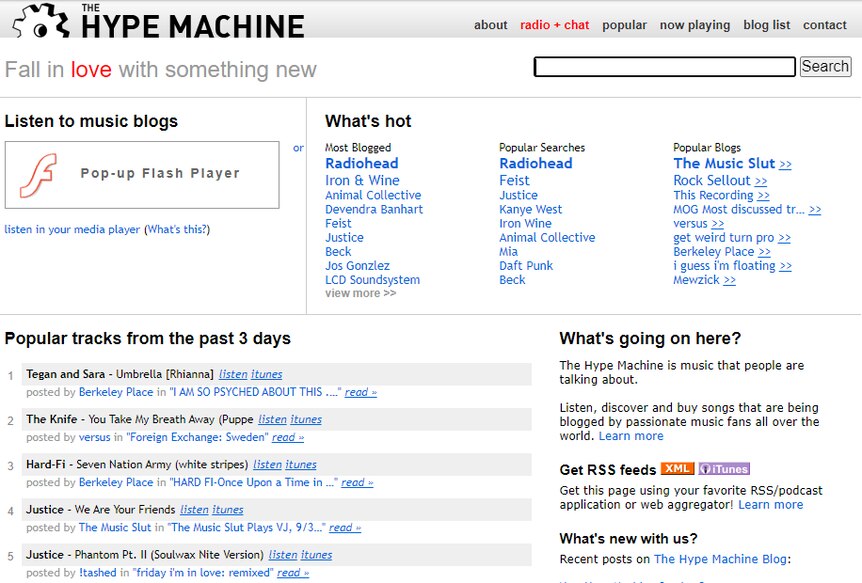 Screenshot of Hype Machine blog from October 2007 listing the most popular songs on blogs that week.