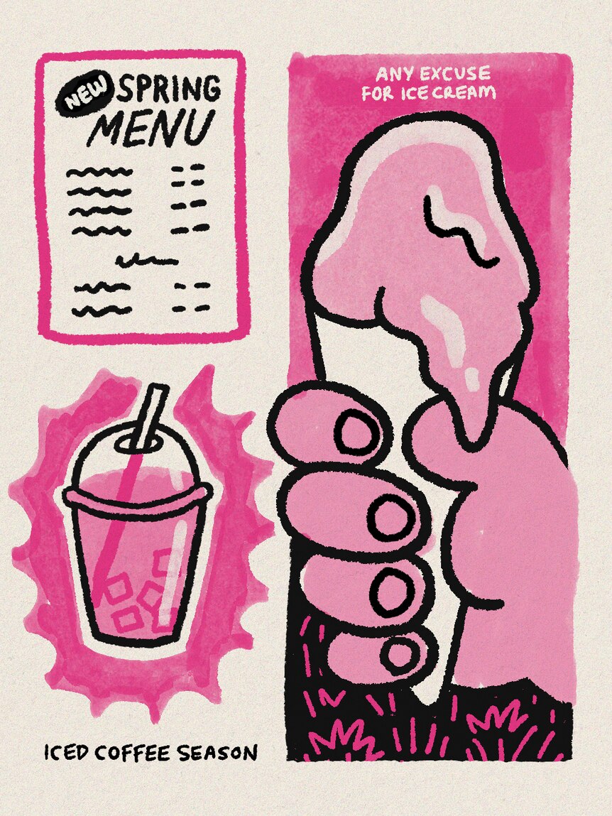 Illustrations of a new spring food menu, an iced coffee for iced coffee season, and an ice cream (any excuse for an ice cream)