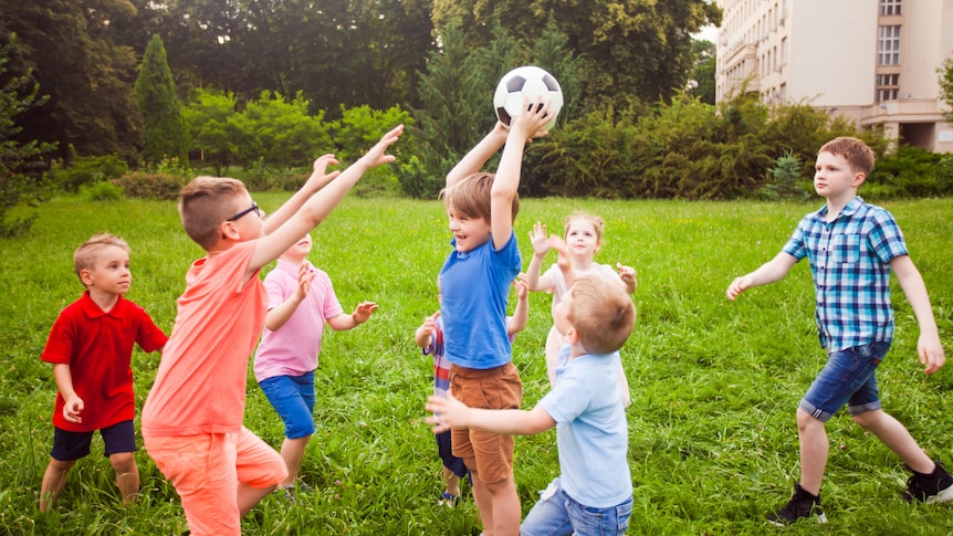 A group of children play with a soccer ball