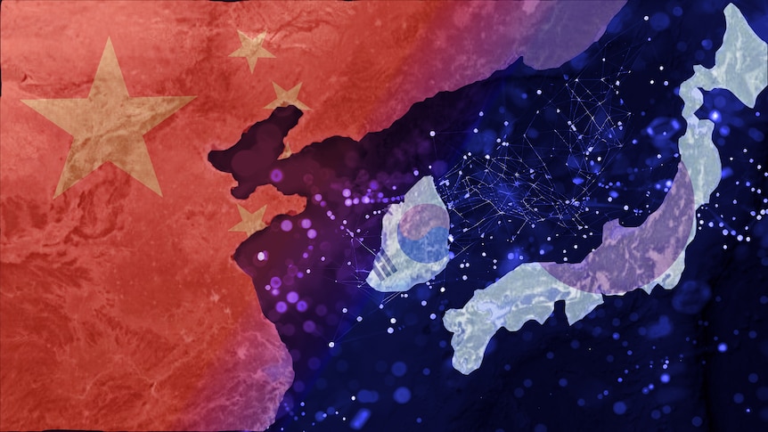 A graphic showing China, South Korea and Japan with their flags superimposed.