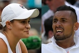 Ash Barty relaxes at the net, Nick Kyrgios complains at his chair