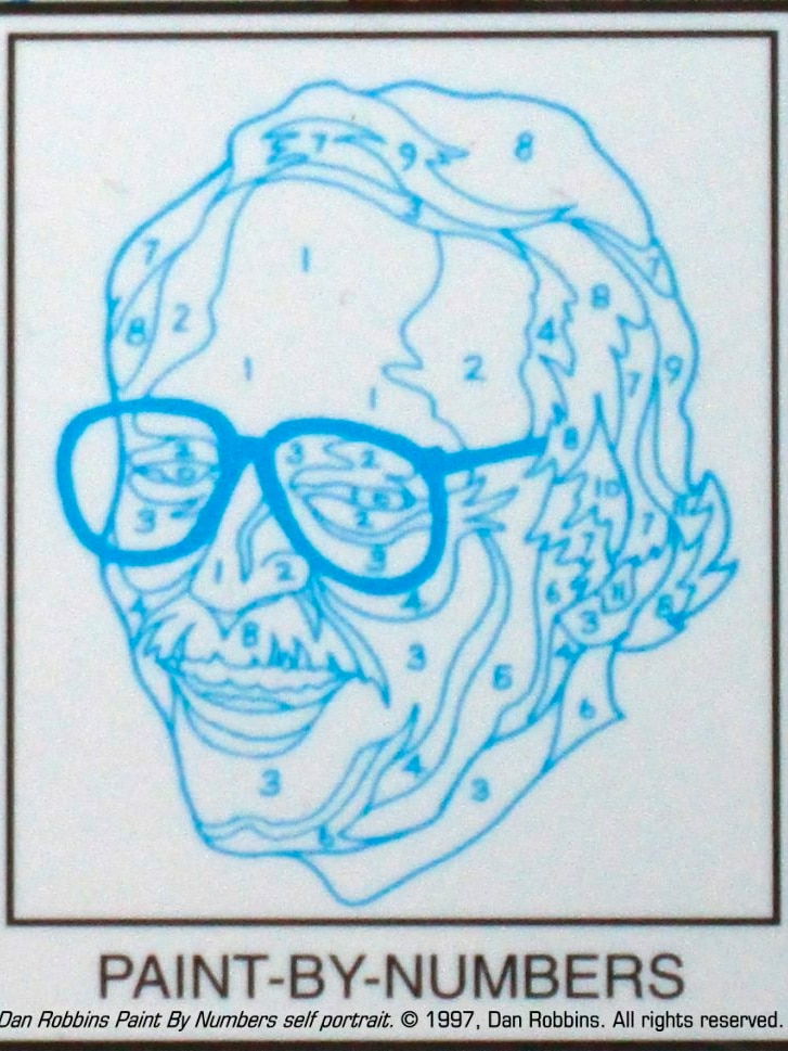 An outline of a self portrait in a paint by numbers style