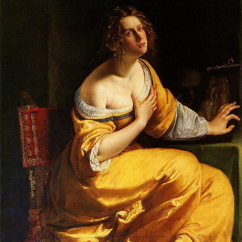 Historic painting of a woman with pained expression wearing golden yellow gown