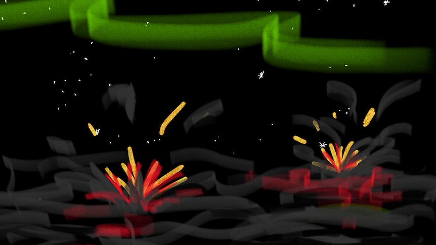 drawing of explosions in the water with auroras above. it looks pretty specky and spooky if I do say so myself.