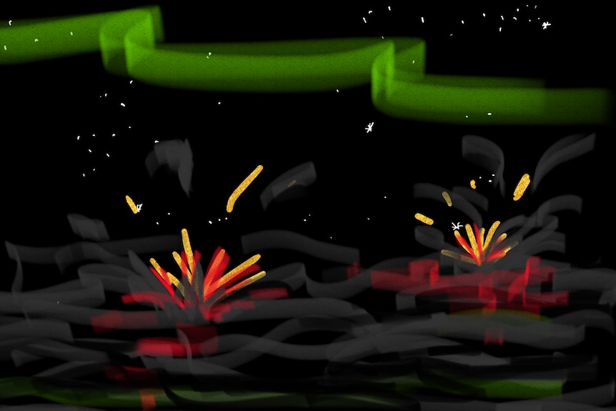 drawing of explosions in the water with auroras above. it looks pretty specky and spooky if I do say so myself.