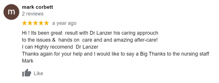 A five-star google review that includes in its text 'I can Highly recommend Dr Lanzer'.
