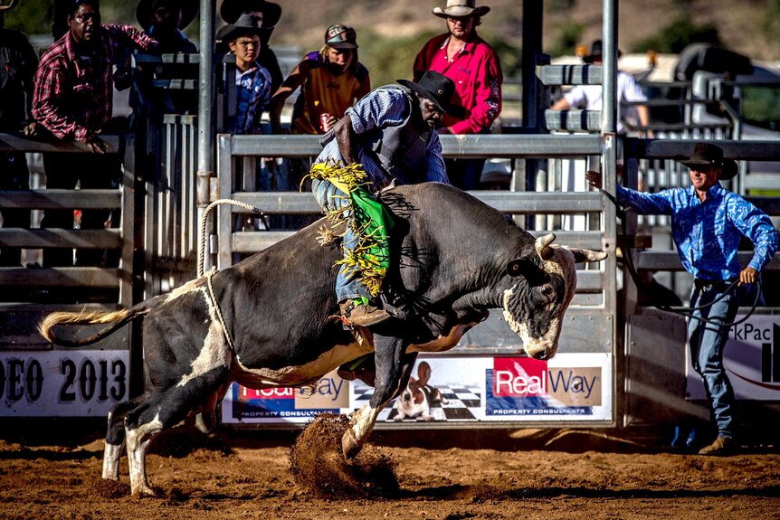 A competitor strains to keep on his bull during the bull riding competition.