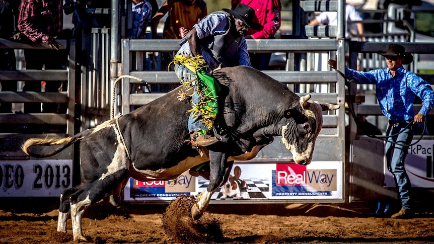 A competitor strains to keep on his bull during the bull riding competition.