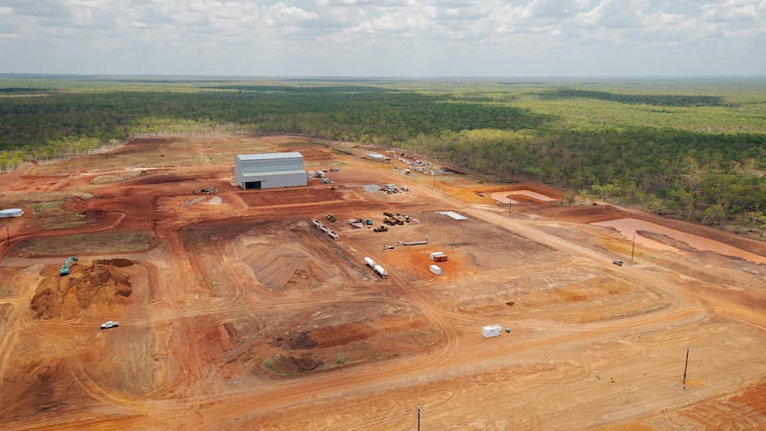 Aerial view of the cotton gin construction site on Tarwoo Station.