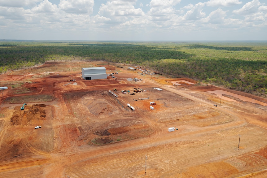 Aerial view of the cotton gin construction site on Tarwoo Station.