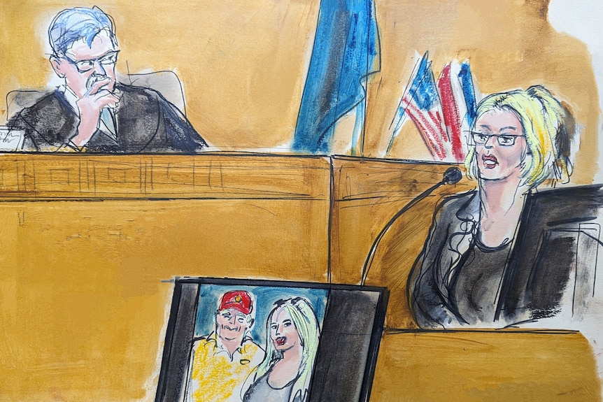 A crayon sketch depicting a woman in a suit sitting in a court room stand with a judge looking down at her