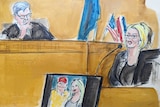 A crayon sketch depicting a woman in a suit sitting in a court room stand with a judge looking down at her