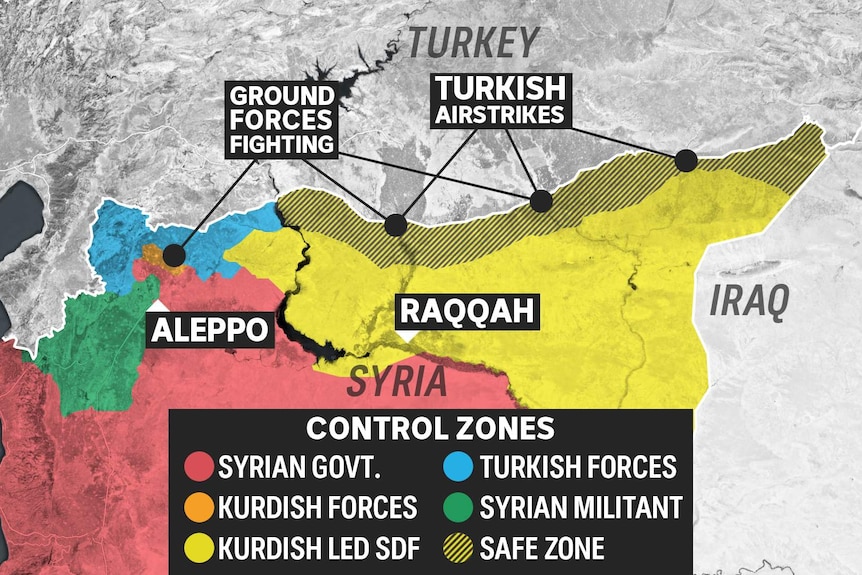 A map marks the territory controlled by various groups in Syria.