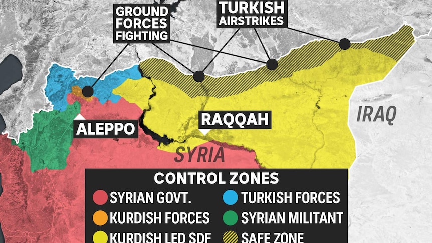 A map marks the territory controlled by various groups in Syria.