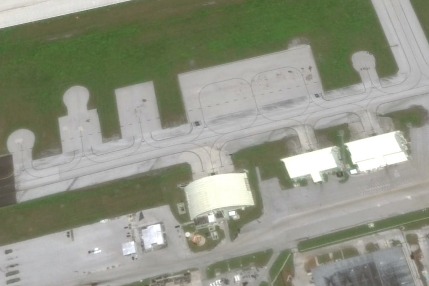 Hangars and runways can be seen at the Andersen Air Force Base on Guam in this satellite image.