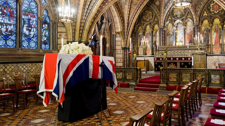 Margaret Thatcher's coffin in parliamentary chapel
