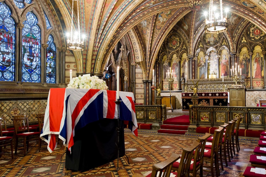 The coffin of former British prime minister Margaret Thatcher rests beneath the Houses of Parliament in central London (AFP)