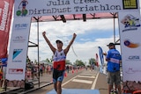 Tristan Bowen crosses the finishing line at the Julia Creek Dirt and Dust