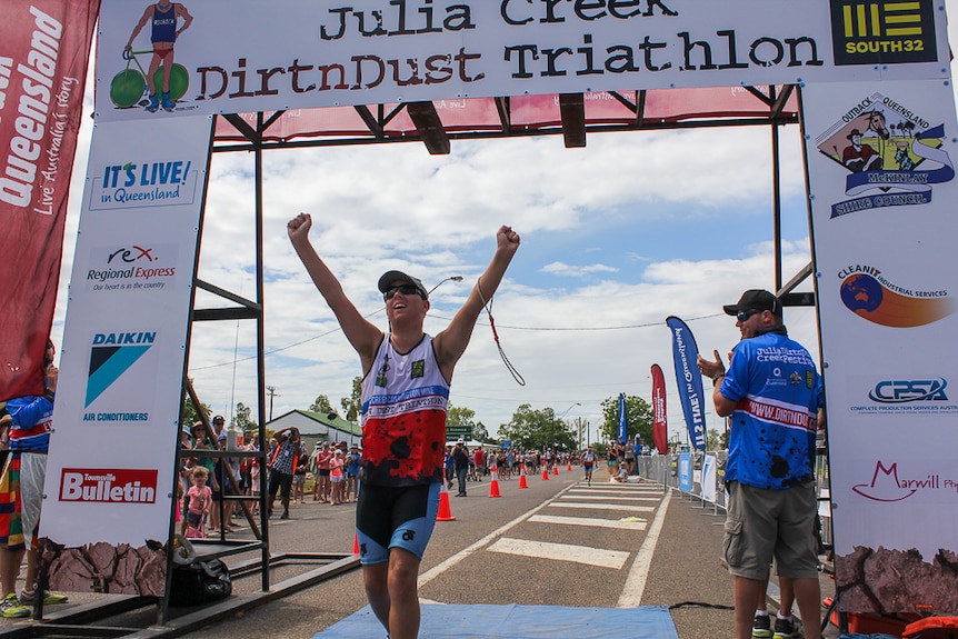 Tristan Bowen crosses the finishing line at the Julia Creek Dirt and Dust