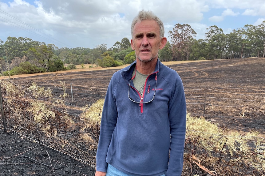 A disheveled grey-haired man in a blue jumper stands in front of burnt grass. 