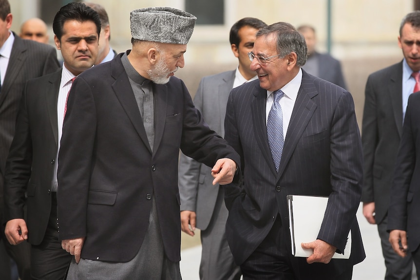 Leon Panetta and Hamid Karzai meet