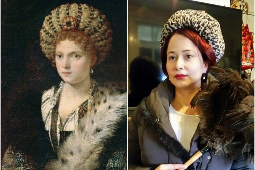 A composite image of woman in a coat, headpiece and holding a feather duster next to classical artwork.