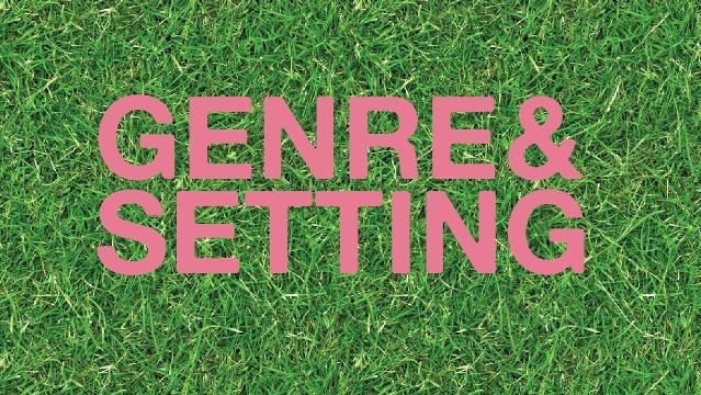 Pink text against grass background reads genre & setting