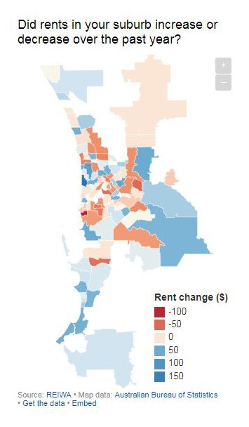 A colour-coded map of Perth showing whether rents increased or decreased across different suburbs in the past year.