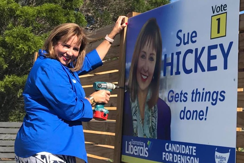 Sue Hickey erects campaign placard