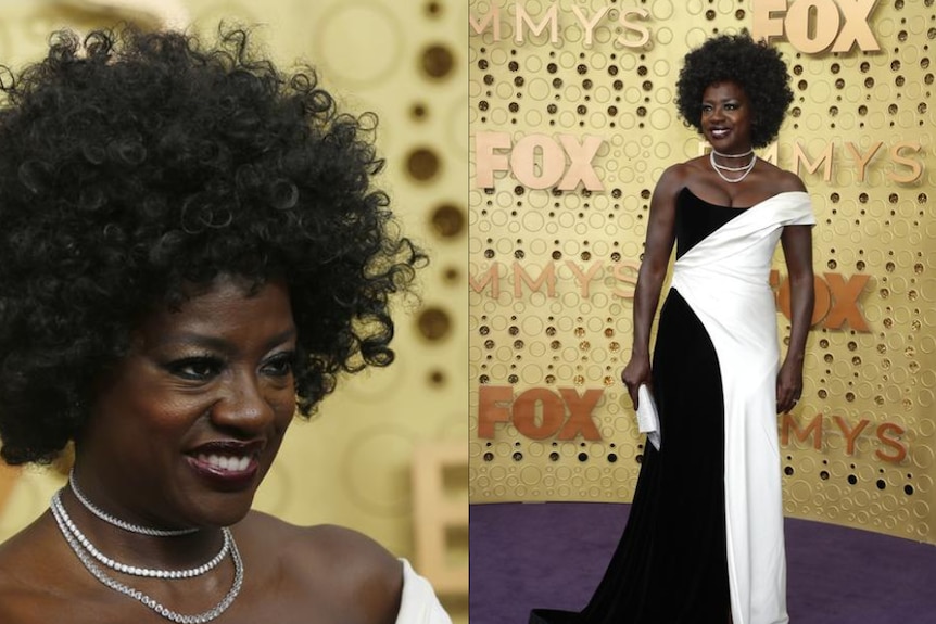 Viola Davis wears a black and white gown as she poses on the red carpet. She is seen in a composite image.