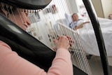 Harpist Nancy Kleiman plays to a patient at Brigham and Women's Hospital, Boston USA.