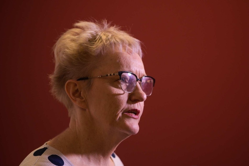 Dianne Stephens is standing against a red wall and speaking. Her expression is serious.