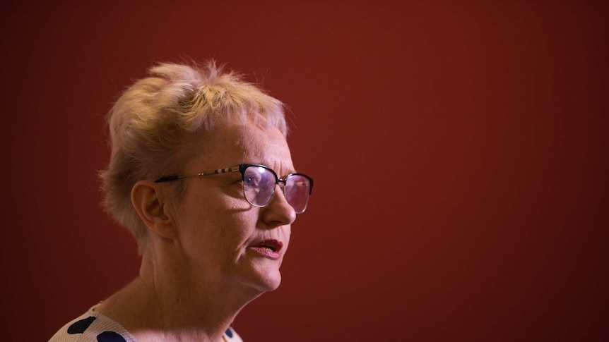 Dianne Stephens is standing against a red wall and speaking. Her expression is serious.