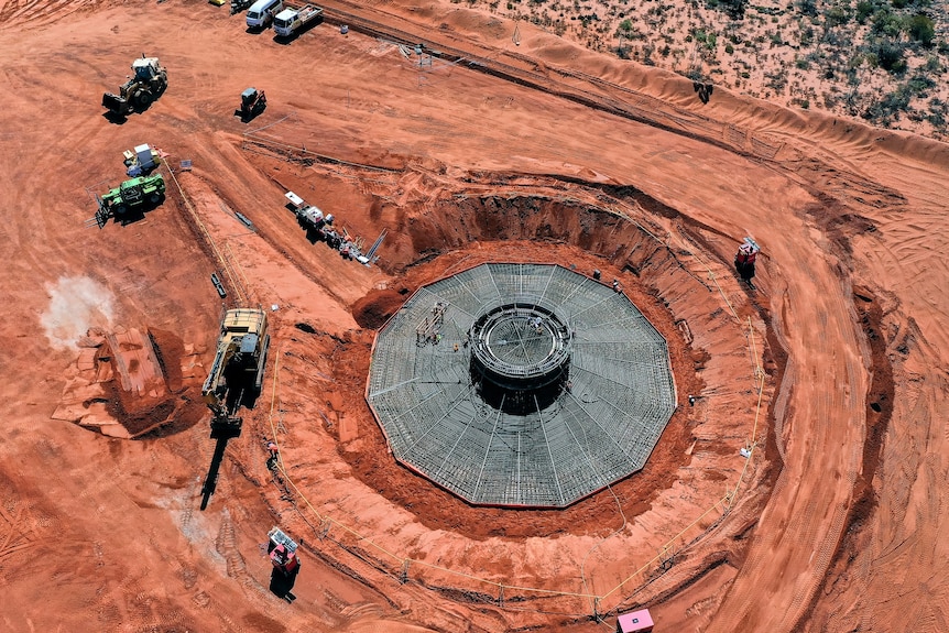 An aerial view of the footings for a wind turbine at a remote mine site.  