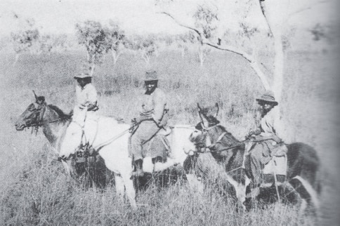 Aboriginal stockwomen Weeda, Rosie and Mary sitting on horses in the Kimberley.