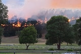 A fire burning along a valley ridge with graves and trees in the foreground 