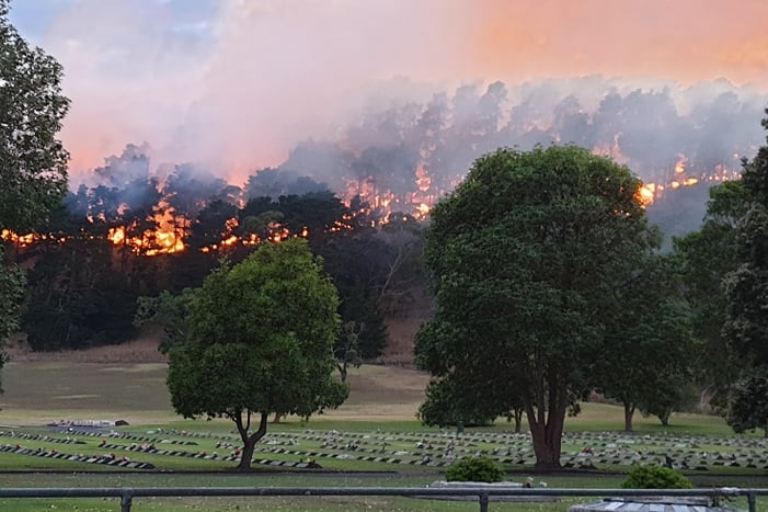 A fire burning along a valley ridge with graves and trees in the foreground 