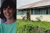 A split image showing a woman with a big smile next to a rundown old house.