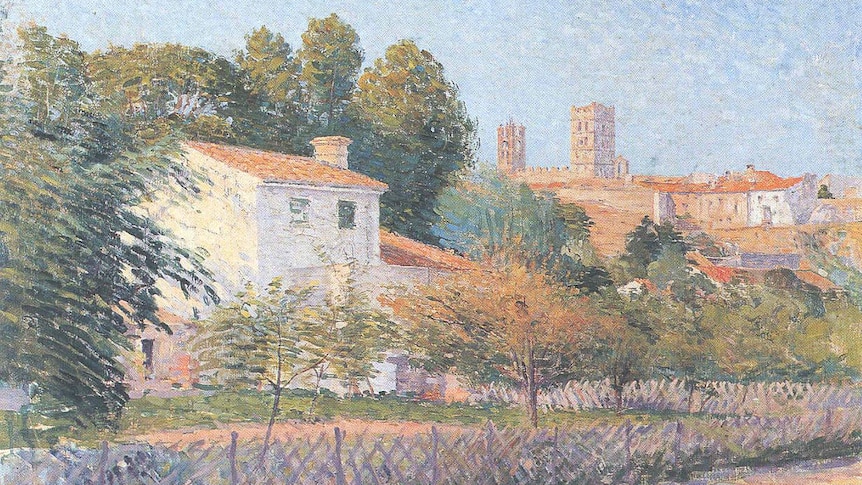 Painting of a house surrounded by trees and a fence on a sunny day