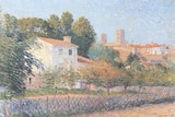 Painting of a house surrounded by trees and a fence on a sunny day