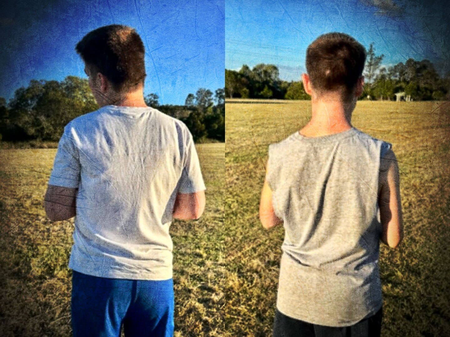 a composite image of photos of two teenagers, taken from behind