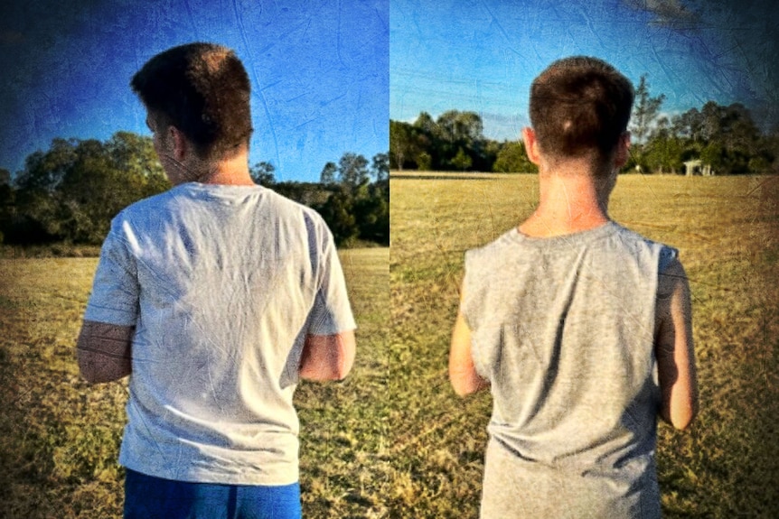 a composite image of photos of two teenagers, taken from behind